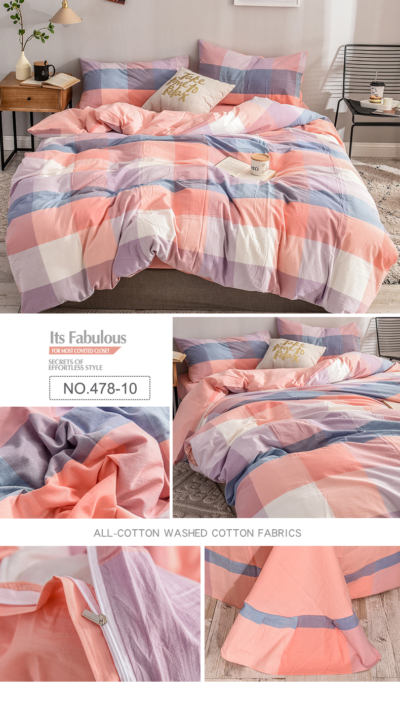 100% Washed Cotton Fabric Bedding Pink&White Plaid