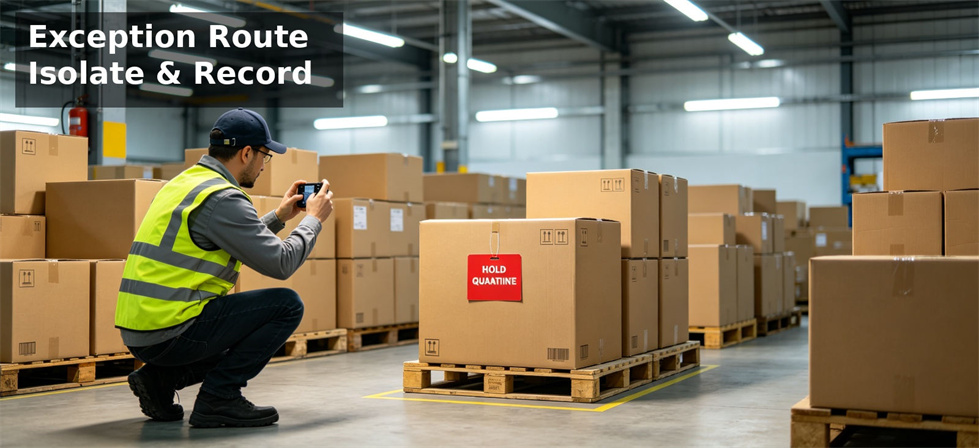 Relief blanket exception isolation route for nonconforming cartons and supplier response tracking