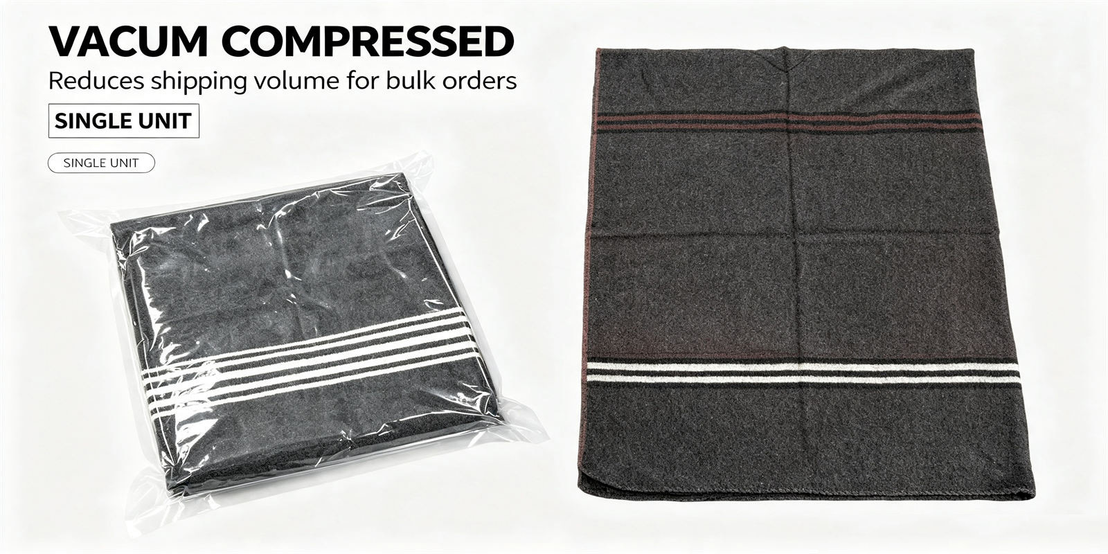 Emergency blanket product detail showing recycled fiber dark gray for institutional procurement review