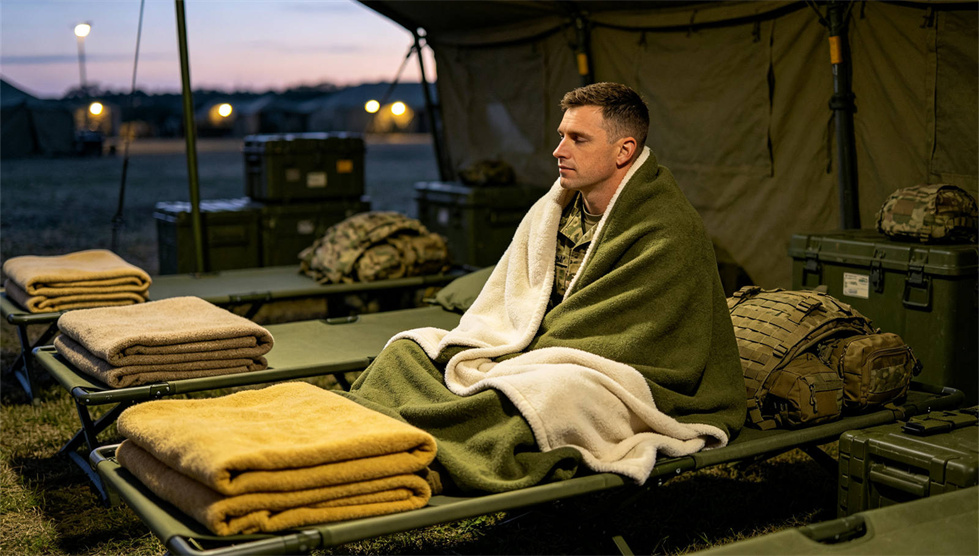 Emergency blanket field-use scene showing solid color dark brown for institutional procurement review