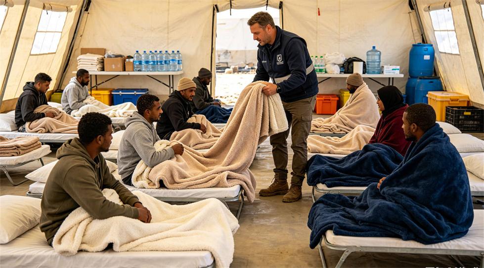 Emergency blanket temporary shelter use showing solid color brown scene for institutional procurement review