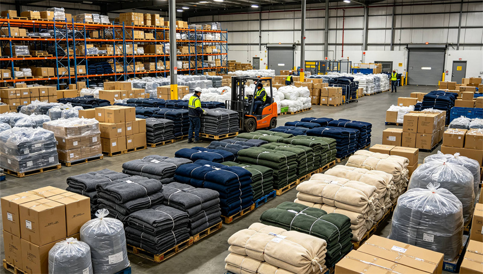 Emergency blanket warehouse stock showing solid color brown warehouse for institutional procurement review