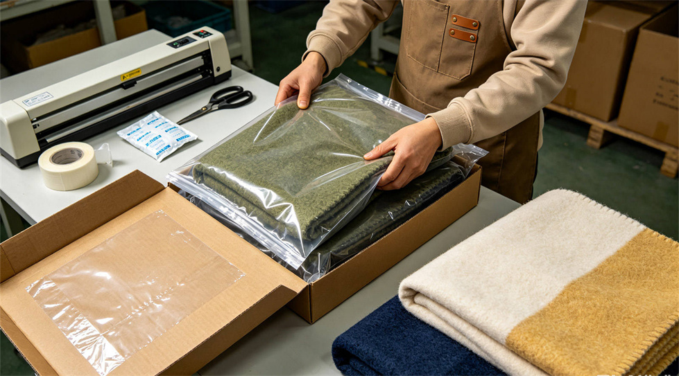 Emergency blanket packing presentation showing solid color brown package for institutional procurement review