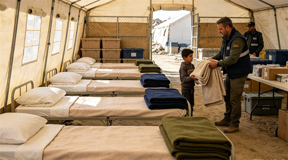 Emergency blanket temporary shelter use showing solid color brown scene for institutional procurement review
