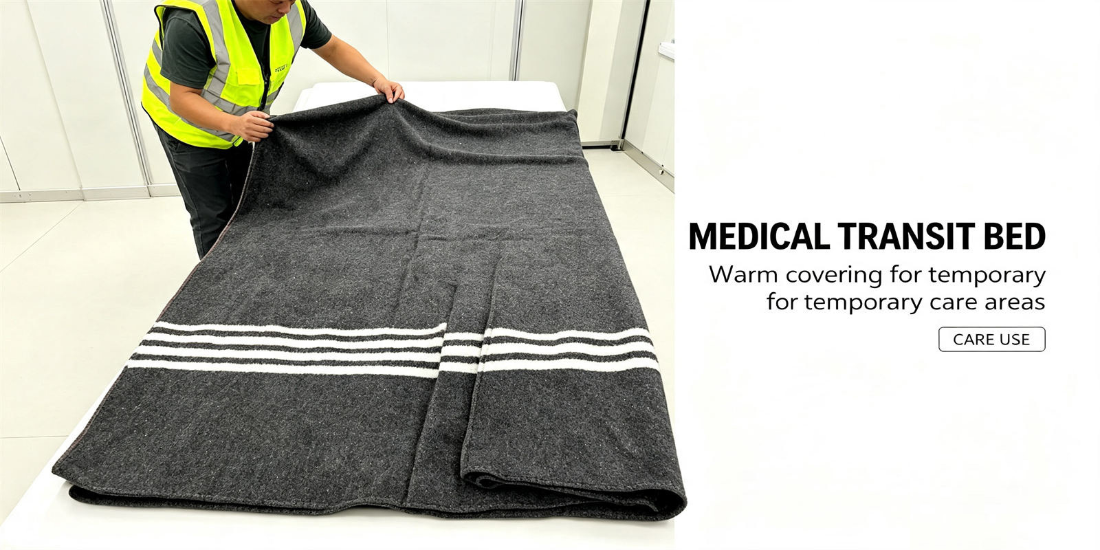 Emergency blanket product detail showing recycled fiber dark gray for institutional procurement review