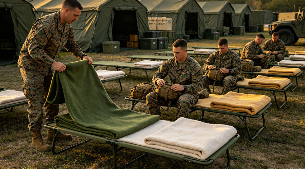 Emergency blanket field-use scene showing solid color dark brown for institutional procurement review