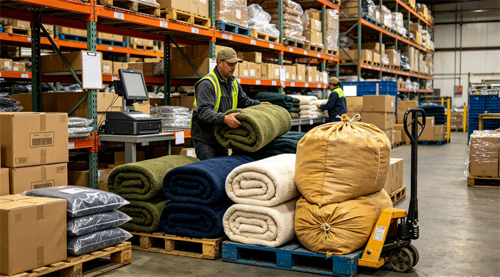 Emergency blanket warehouse stock showing solid color brown warehouse for institutional procurement review