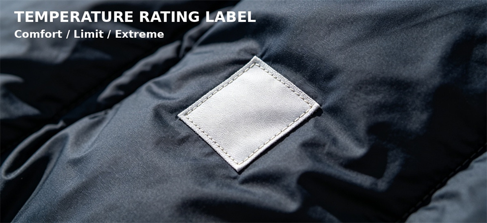 Sleeping bag temperature label showing comfort, limit, and extreme values for buyer verification