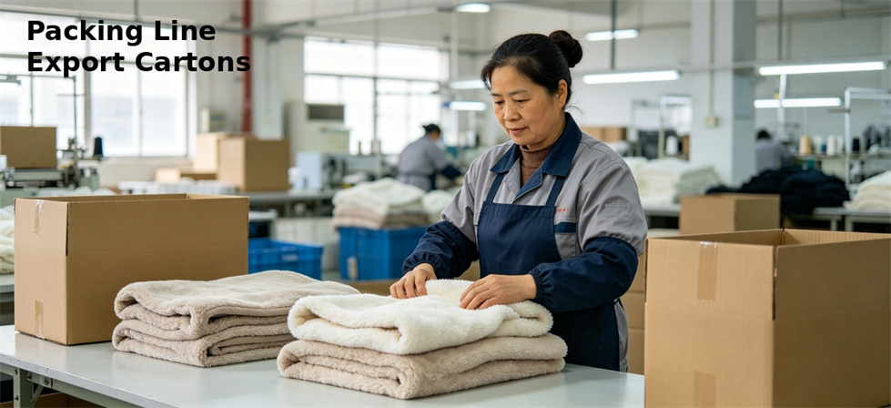 Blankets placed into cartons on a packing line for bulk shipment preparation and supply planning Blankets placed into cartons on a packing line for bulk shipment preparation and supply planning