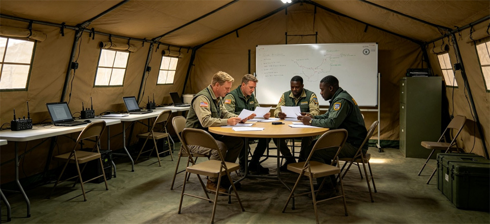 Relief tent command interior shown for command and office tent layout in institutional relief tent procurement planning