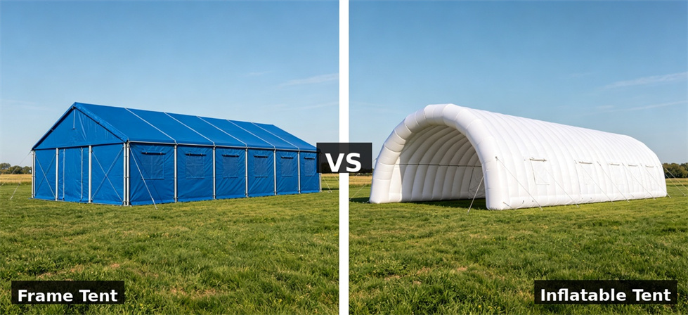 Relief tent frame vs inflatable shown for camp level layout planning in institutional relief tent procurement planning