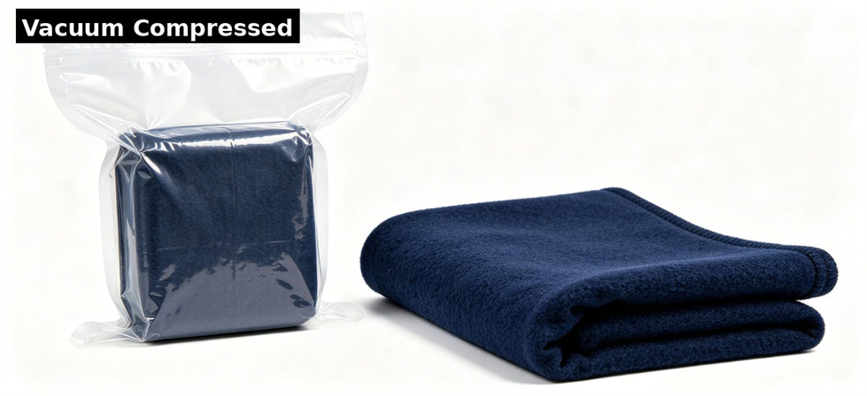 Vacuum packed blanket shown for compact storage and bulk shipment planning for institutional bulk procurement review