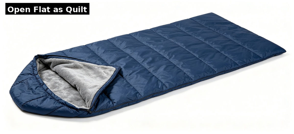 Sleeping bag opened flat to show quilt construction and internal coverage for government stockpile, institutional supply and Sleeping bag opened flat to show quilt construction and internal coverage for government stockpile, institutional supply and