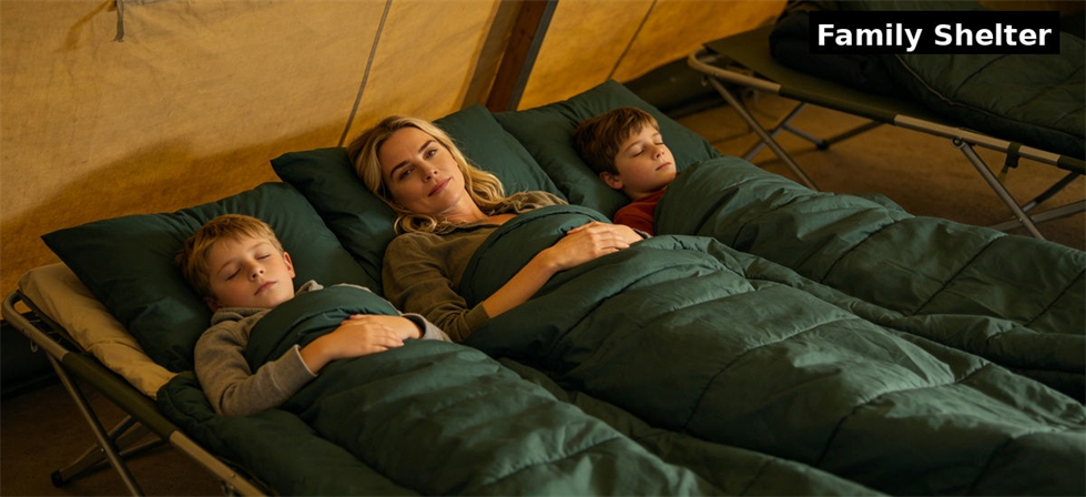Family using sleeping bags inside a temporary relief shelter for government stockpile, institutional supply and emergency