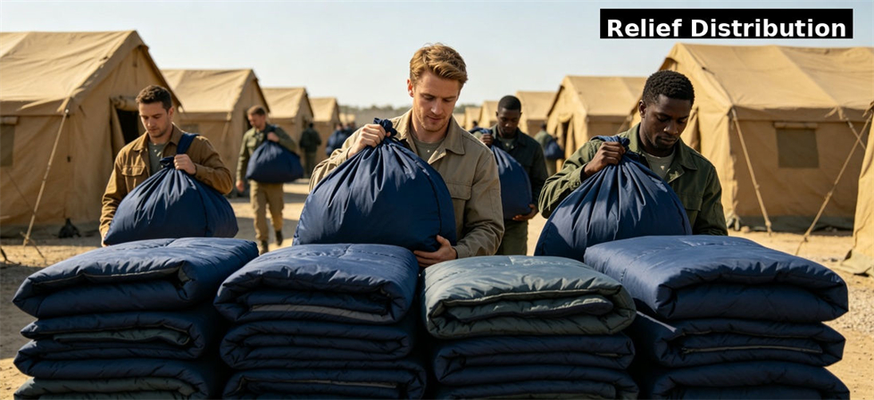 Sleeping bags stacked for institutional distribution at a relief camp for government stockpile, institutional supply and