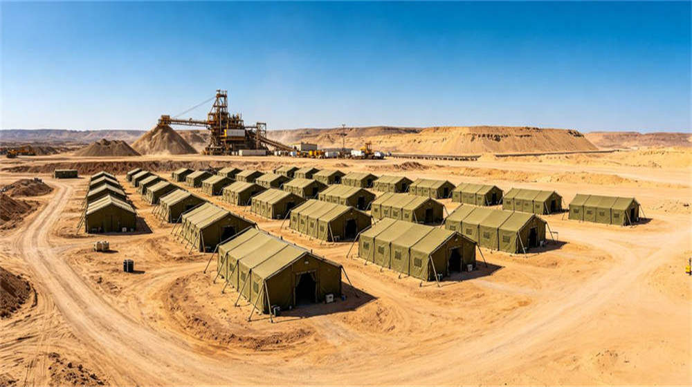 Remote mining camp accommodation tents in desert location for worker housing and field deployment