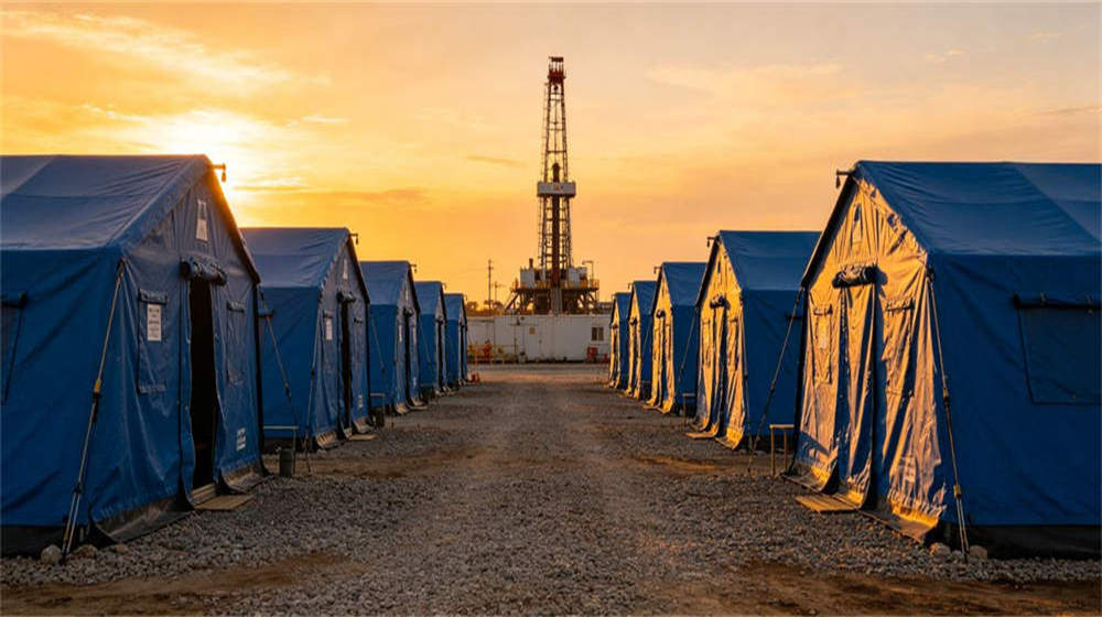 Oilfield worker camp accommodation tents at golden hour for offshore crew housing