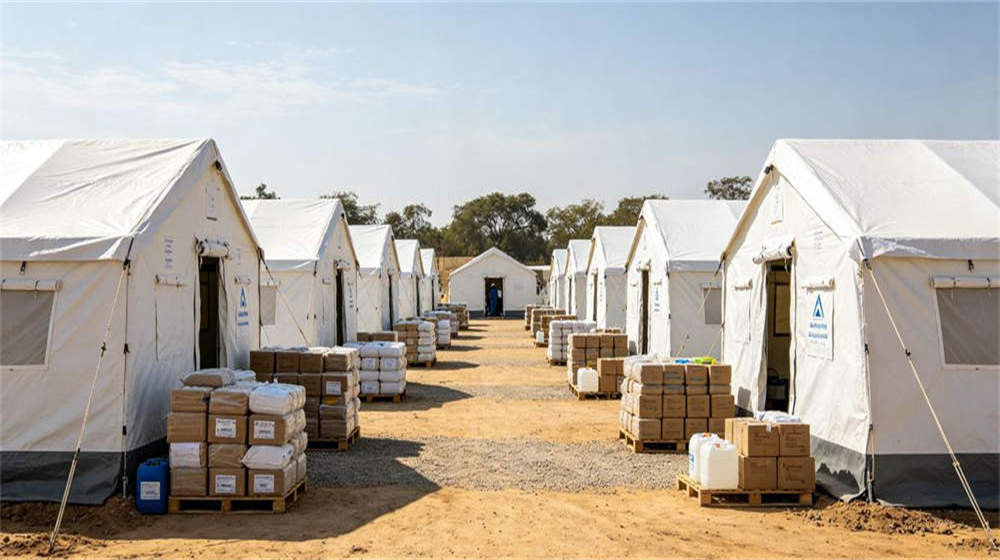 Humanitarian disaster relief camp with emergency tents for displaced persons