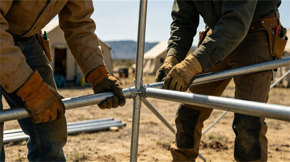 Workers setting up frame tent at remote construction site deployment