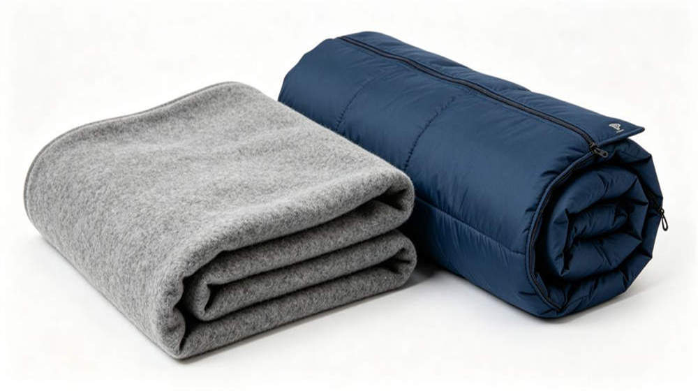 Fleece blanket and envelope sleeping bag combination for cold climate remote camps