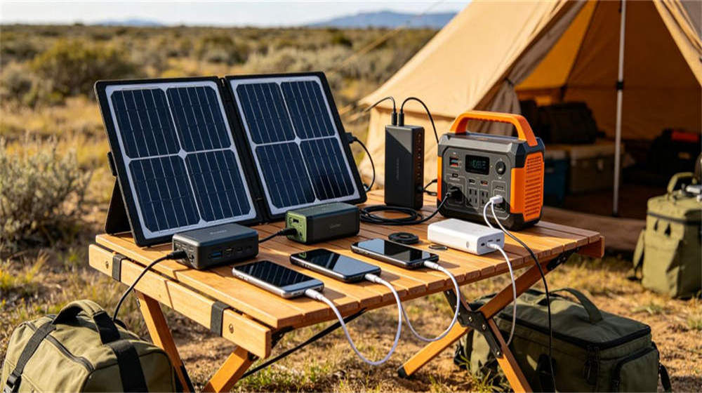 Solar charging station at remote camp for powering worker devices and lighting