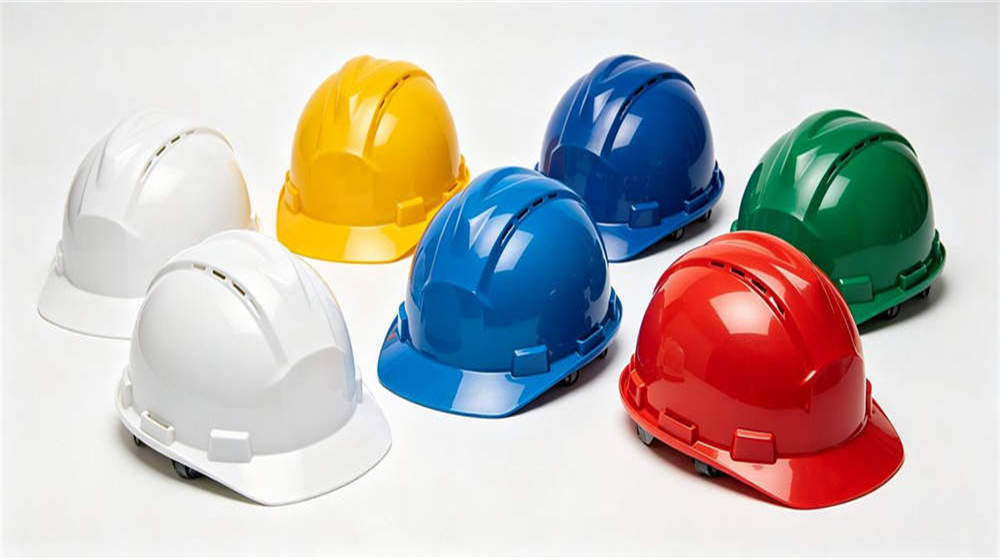 Safety helmets in white yellow blue red green for role identification at work sites