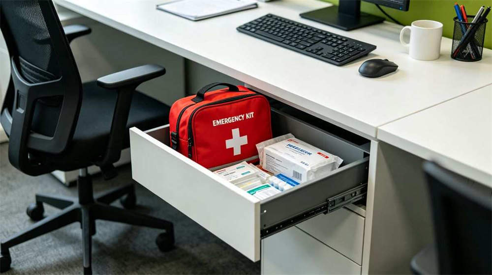 Modern office desk with open drawer showing first aid kit and emergency supplies storage