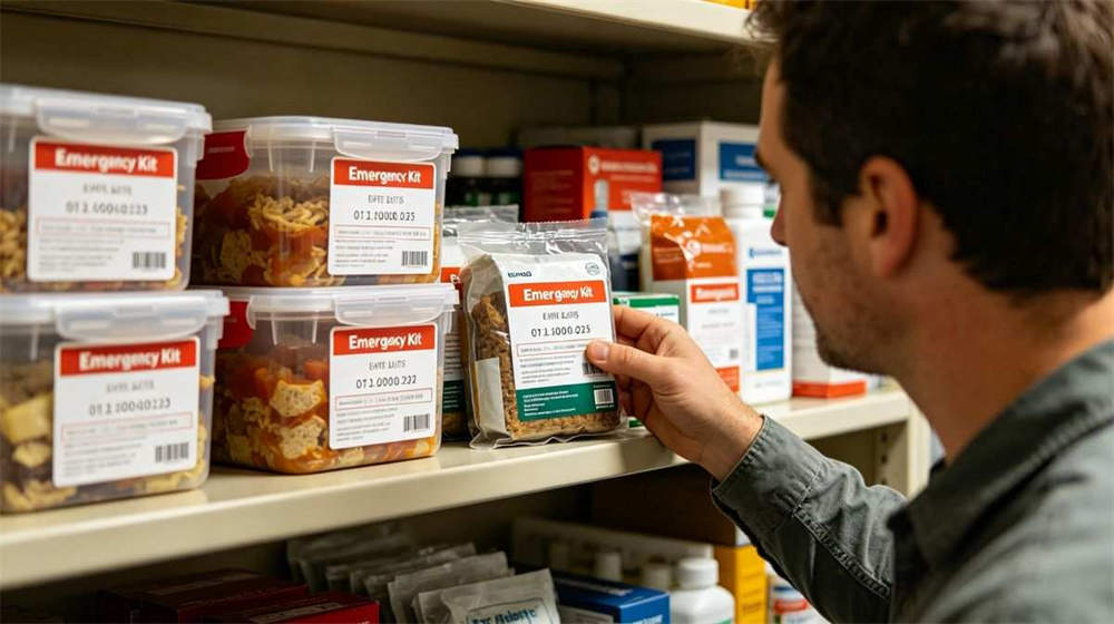 Person checking expiration dates on emergency kit food rations and first aid supplies shelf life rotation