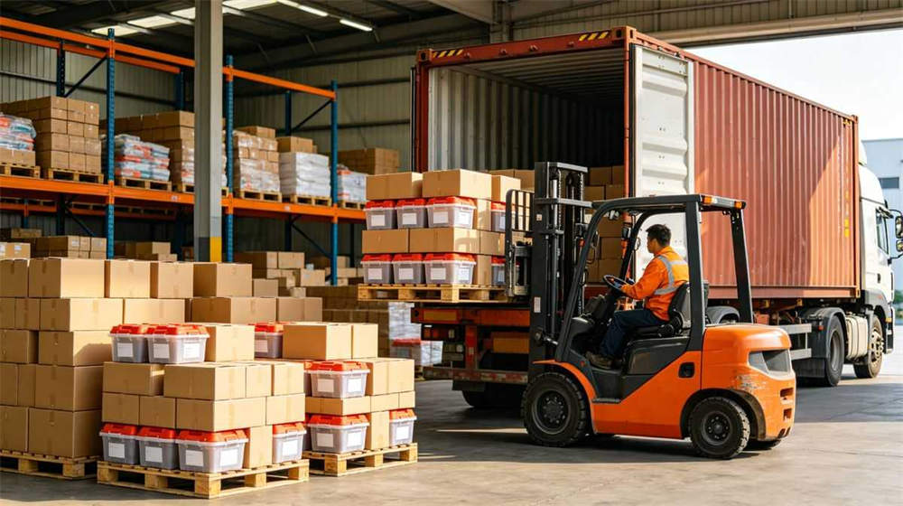 Bulk emergency kits packed on pallets forklift loading onto truck with container warehouse logistics