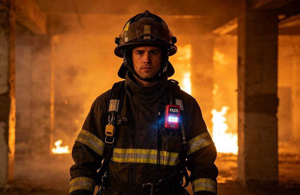 firefighter PASS device in burning building LED alarm
