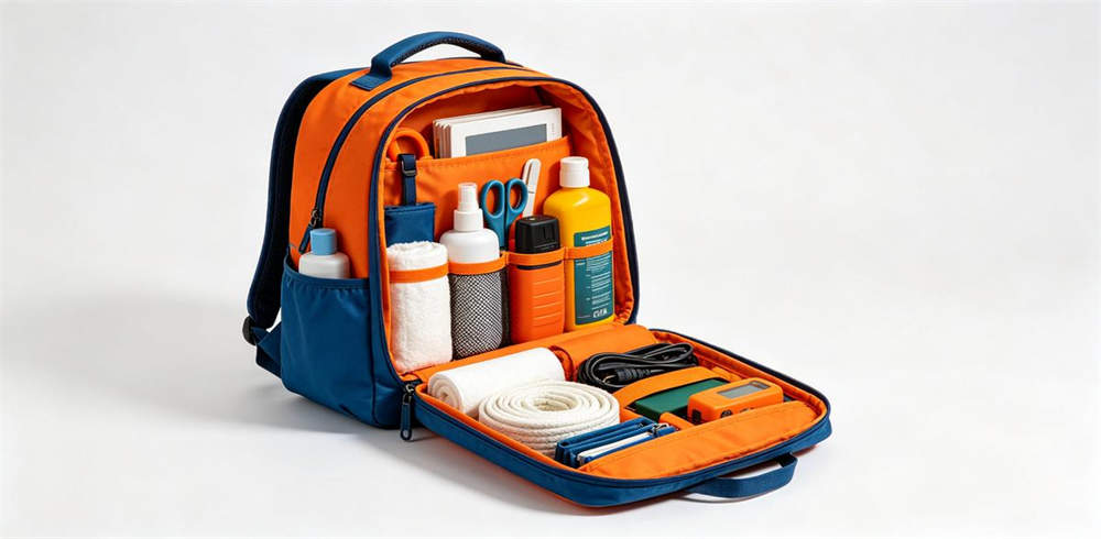 Family all-purpose emergency kit backpack open showing organized contents