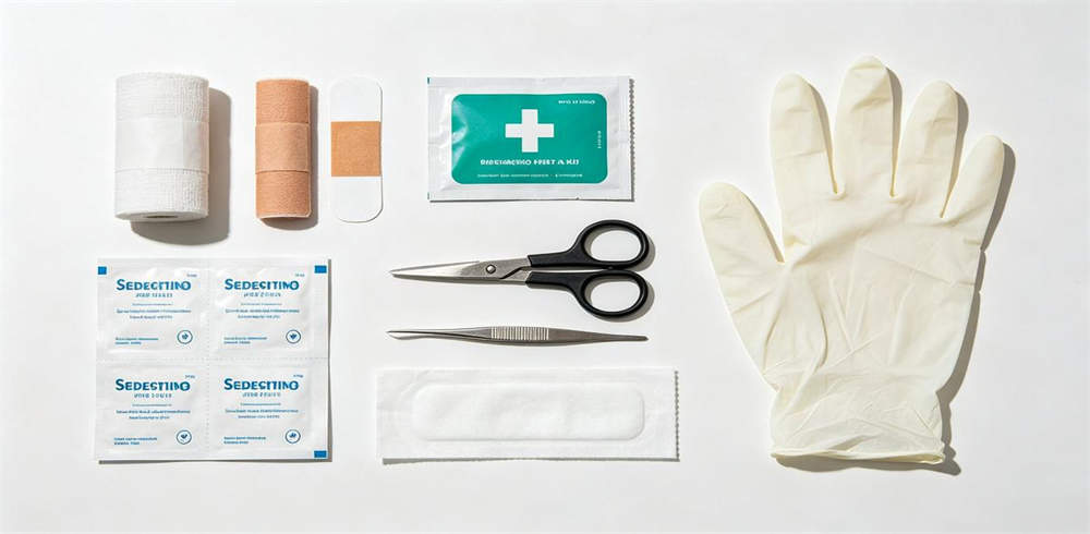 First aid kit components bandages antiseptic wipes scissors tweezers gloves
