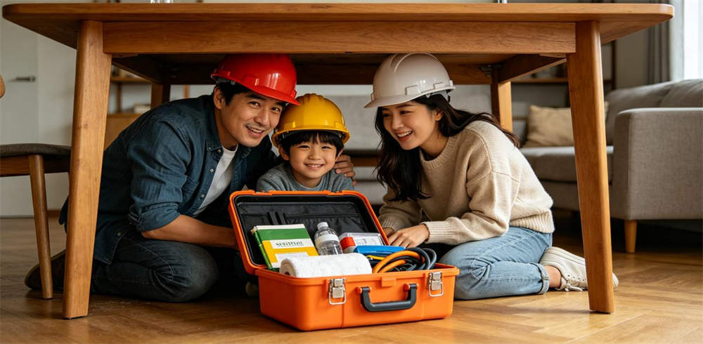 Family taking shelter under table during earthquake wearing safety helmets with kit
