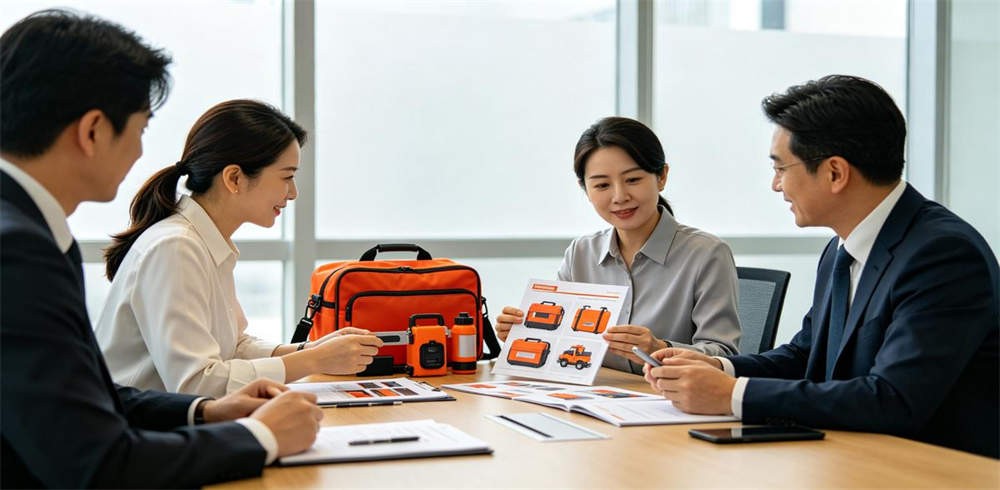 Business people reviewing emergency kit product samples and catalog at office meeting