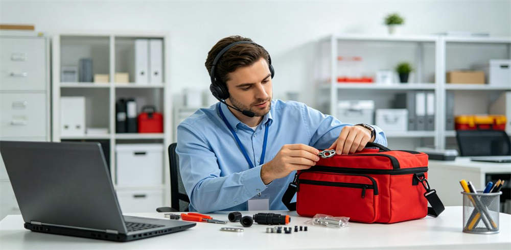 Customer service worker examining returned emergency kit and preparing replacement parts
