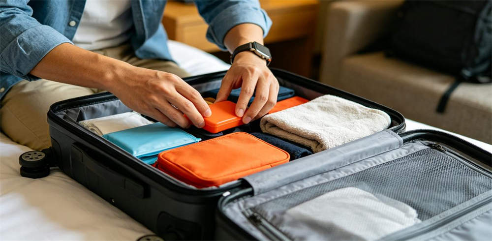 Traveler packing personal emergency kit into travel luggage at hotel
