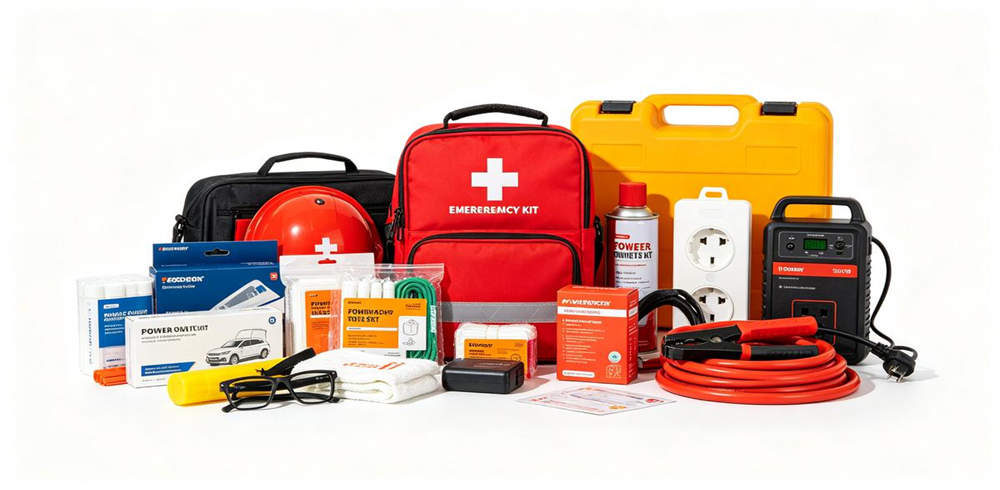 Related emergency products vehicle kit first aid kit and power outage kit arranged