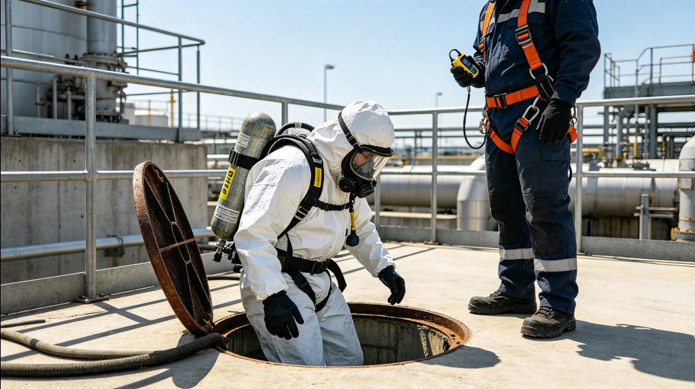 Level B protective suit team preparing confined-space entry at an industrial processing facility