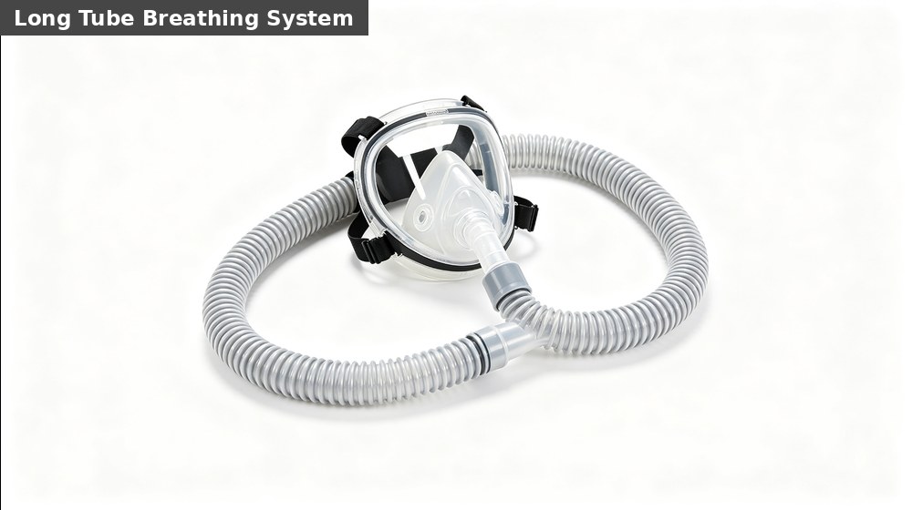 Long-tube supplied-air breathing system for planned work in controlled industrial hazardous areas Long-tube supplied-air breathing system for planned work in controlled industrial hazardous areas