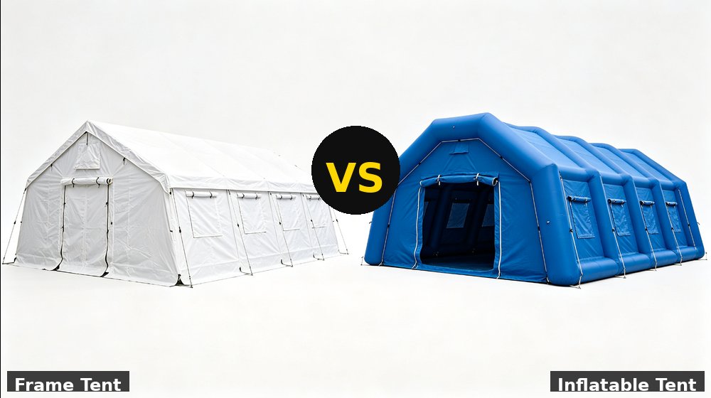 Hospital field medical supply image showing frame vs inflatable tent comparison for temporary clinics, disaster response and institutional procuremen Hospital field medical supply image showing frame vs inflatable tent comparison for temporary clinics, disaster response and institutional procuremen