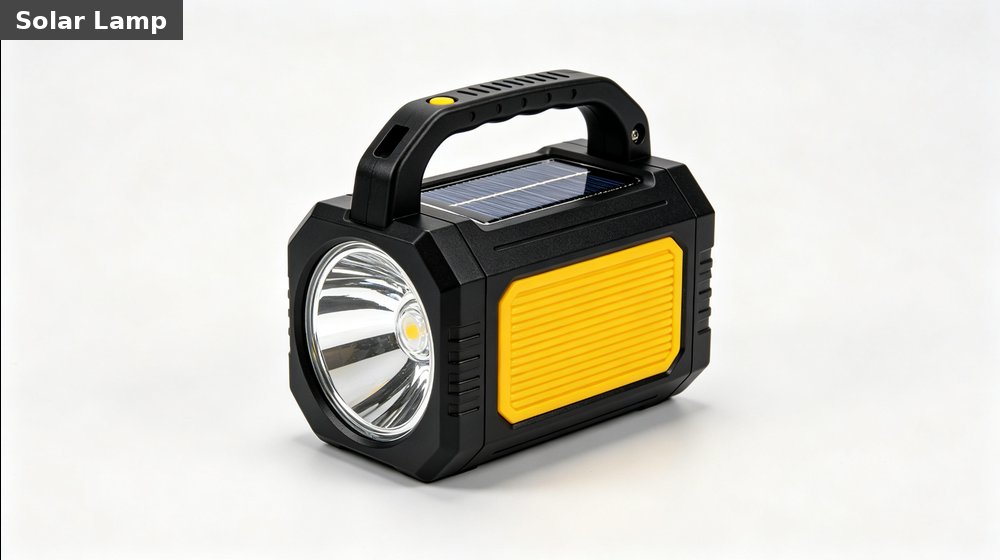Hospital field medical supply image showing solar emergency lamp black yellow white background for temporary clinics, disaster response and instit