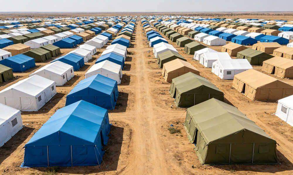 Large disaster relief emergency shelter camp with rows of blue frame tents for displaced families