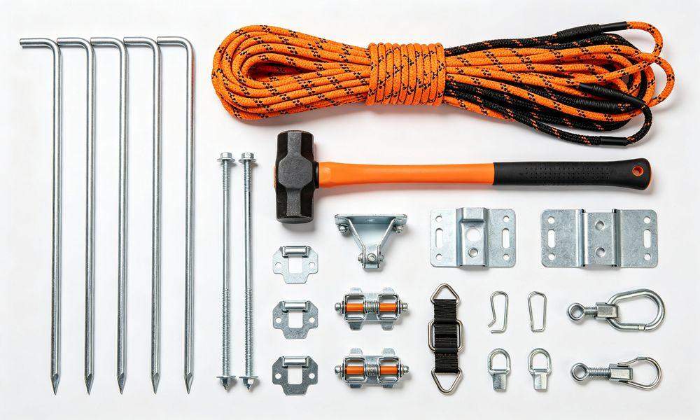Flat lay of emergency tent setup tools: steel ground stakes, nylon rope, rubber mallet, frame connectors