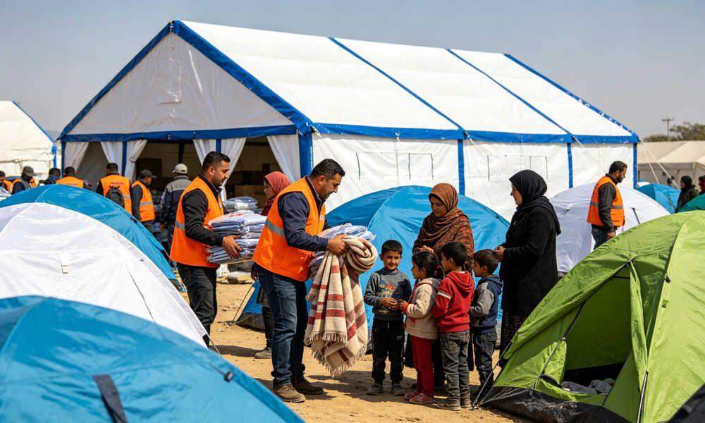 Aid workers distribute blankets and relief supplies to displaced families inside disaster relief camp with large blue‑white emergency frame tent and small family tents on site