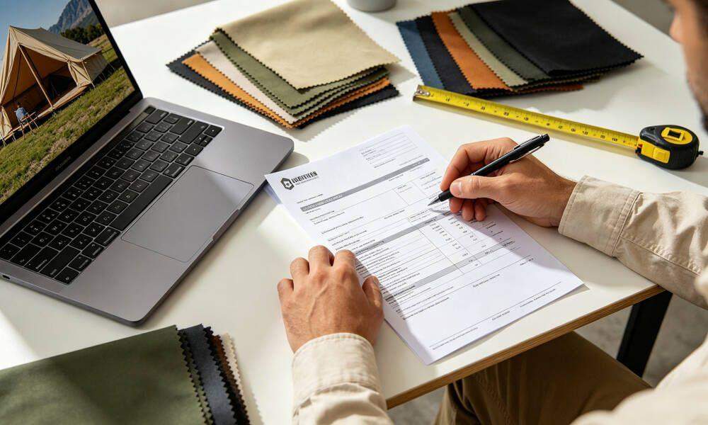 Business person reviewing emergency tent purchase order documents with fabric samples and laptop on desk