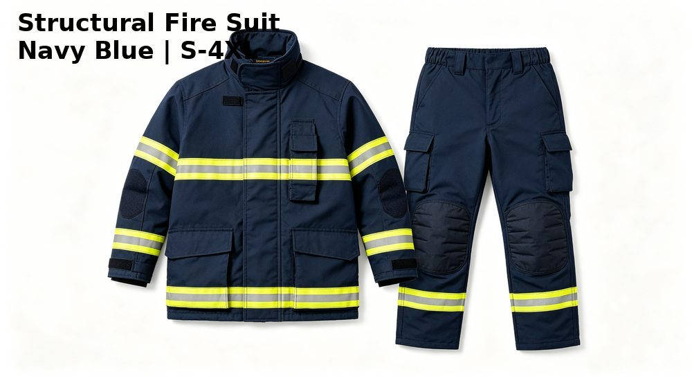 Navy blue structural firefighting turnout suit with reflective trim, wholesale body protective clothing product Navy blue structural firefighting turnout suit with reflective trim, wholesale body protective clothing product