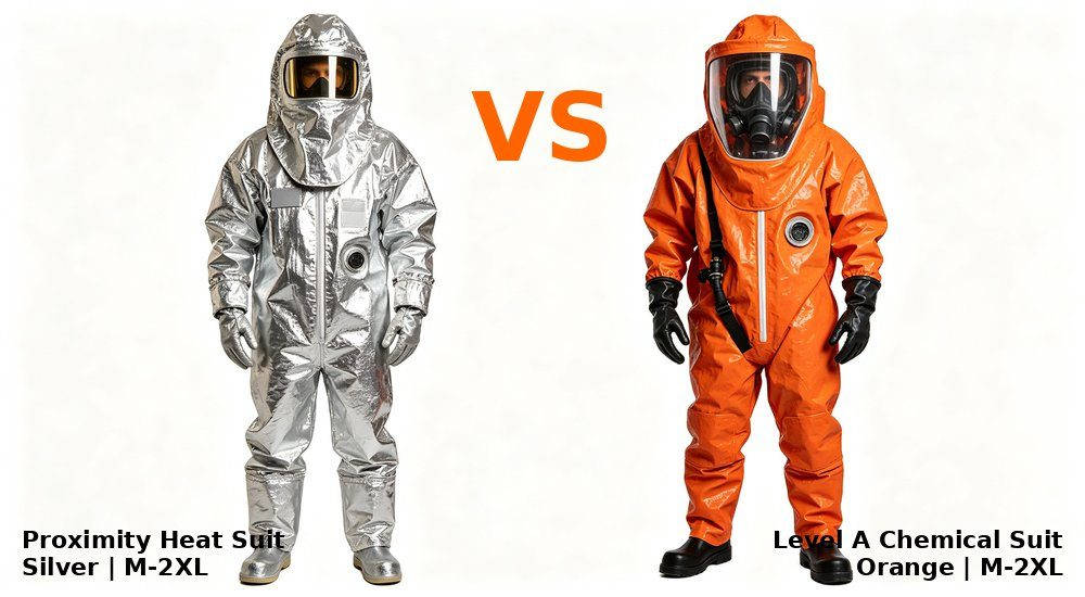 Proximity heat suit vs Level A chemical suit comparison, orange VS text, PPE comparison Proximity heat suit vs Level A chemical suit comparison, orange VS text, PPE comparison