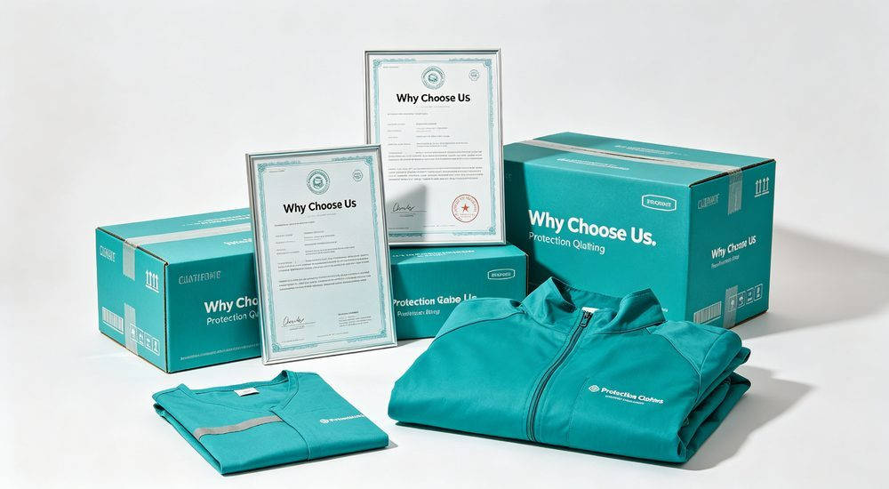 Business concept showing protective clothing products with quality certificates and shipping boxes, supplier advantages Business concept showing protective clothing products with quality certificates and shipping boxes, supplier advantages