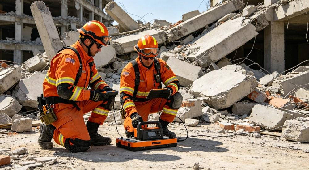 USAR urban search and rescue team operating at earthquake disaster site with detection equipment
