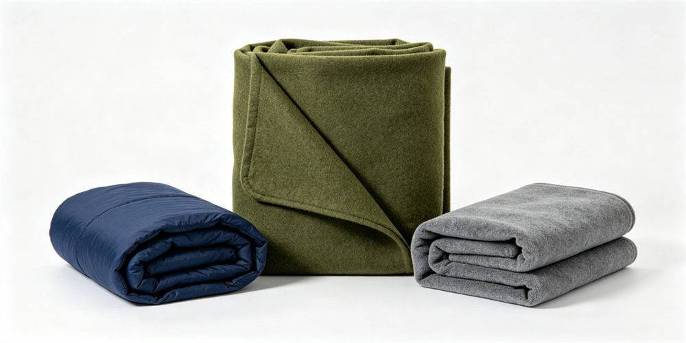 Emergency thermal textiles product collection including wool blankets fleece blankets and cold weather sleeping bags